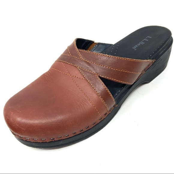 L L Bean Womens Brown Leather Clogs Mules Slip-On Shoes Made In Brazil 40 - Picture 1 of 7